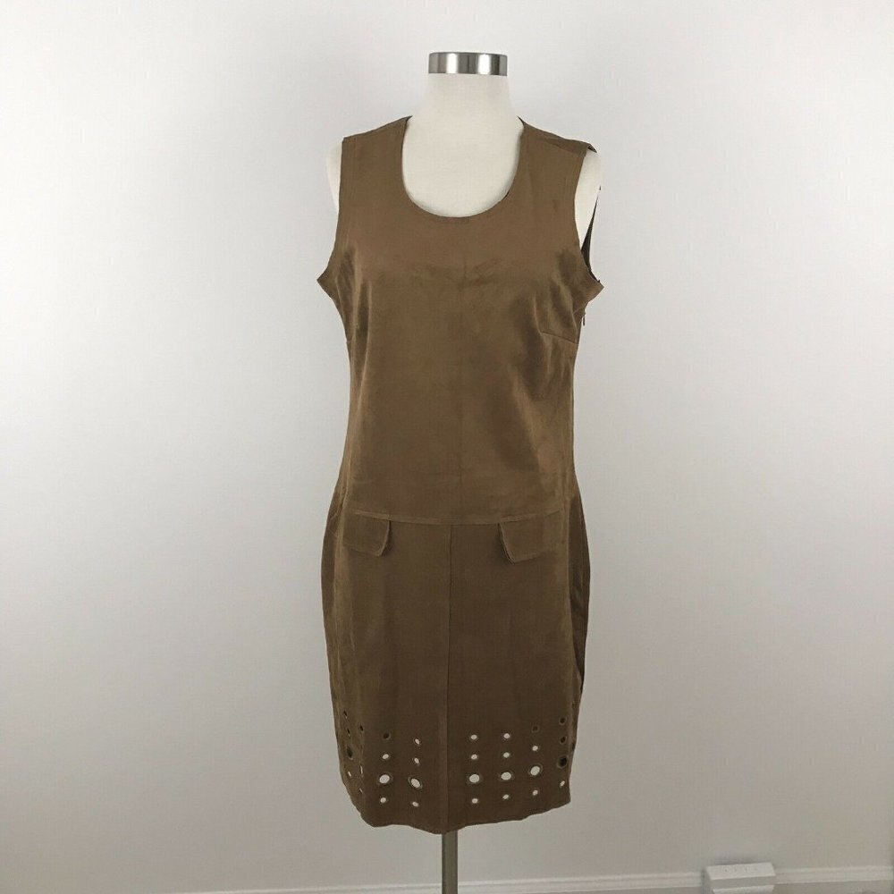 Yest Womens 8 Dress Cognac Brown Suede‎ Sleeveless Lasercut NWT Faux Pockets